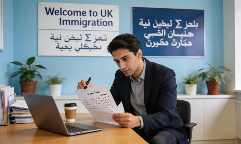 A person holding a Farsi translation document in front of a UK immigration office.
