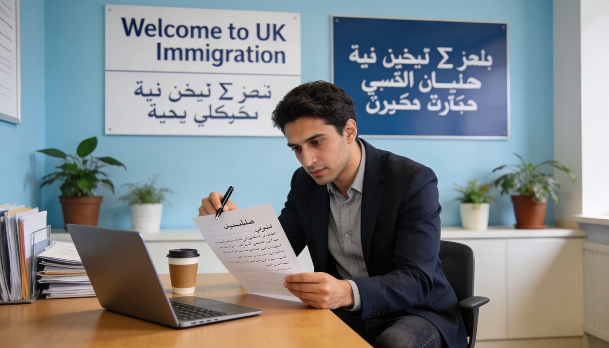 A person holding a Farsi translation document in front of a UK immigration office.