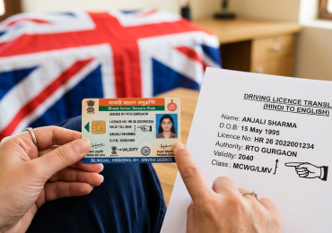 A person holding a Hindi driving licence next to a UK flag and translation documents.