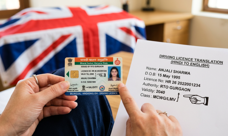 A person holding a Hindi driving licence next to a UK flag and translation documents.