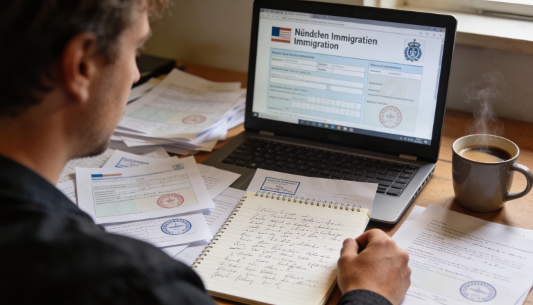 A person reviewing Dutch documents for UK immigration with a laptop and notes.
