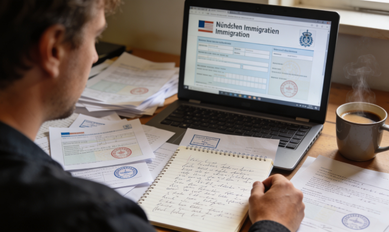 A person reviewing Dutch documents for UK immigration with a laptop and notes.
