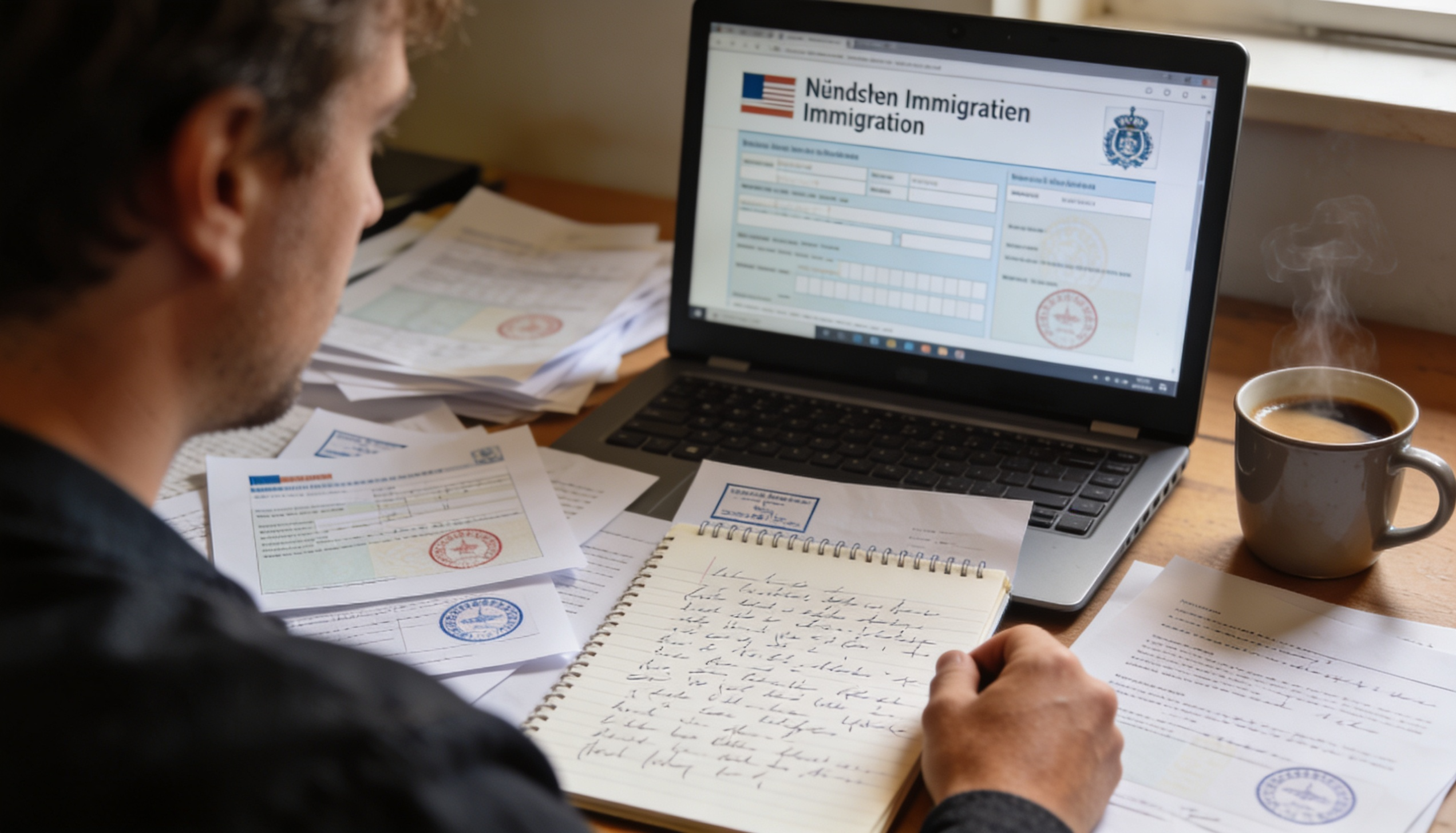 A person reviewing Dutch documents for UK immigration with a laptop and notes.