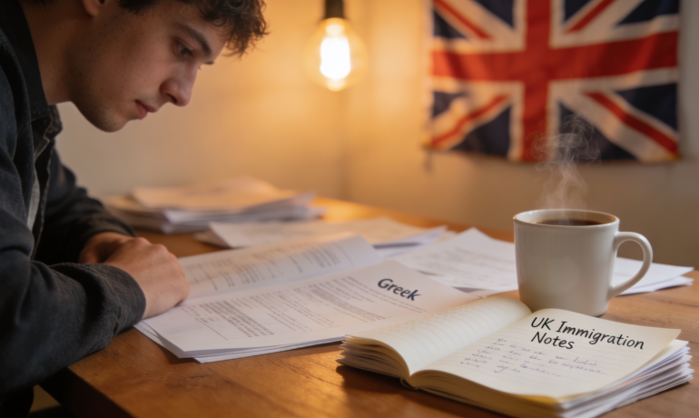 A person reviewing Greek documents for UK immigration, with a British flag in the background.
