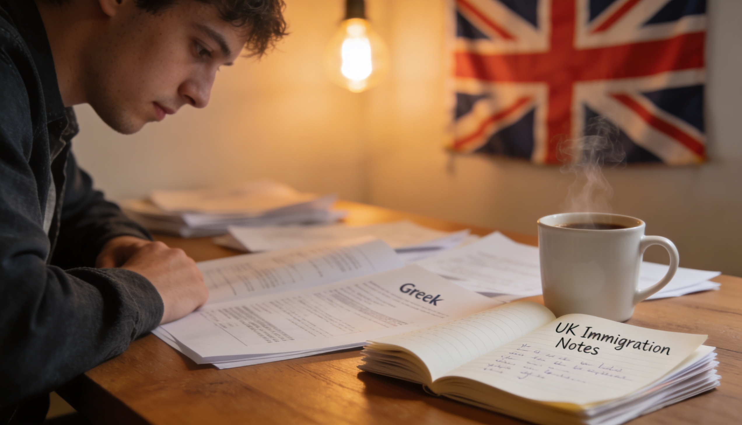 A person reviewing Greek documents for UK immigration, with a British flag in the background.