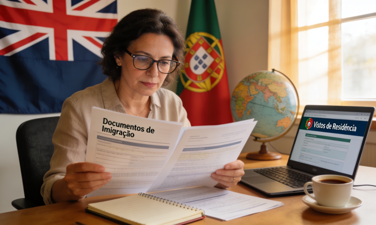A person reviewing Portuguese immigration documents with a UK flag and a globe in the background.