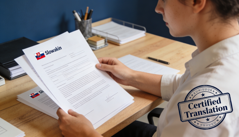 A person reviewing Slovak documents with a certified stamp in an office setting.