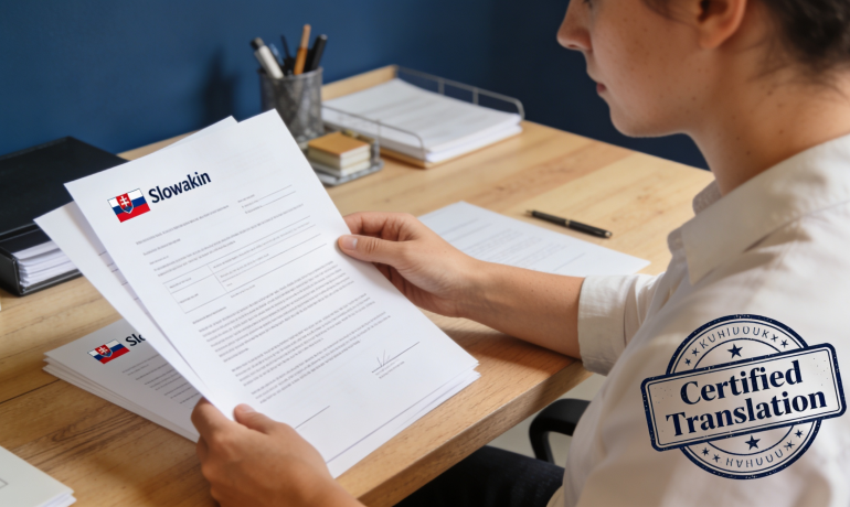 A person reviewing Slovak documents with a certified stamp in an office setting.
