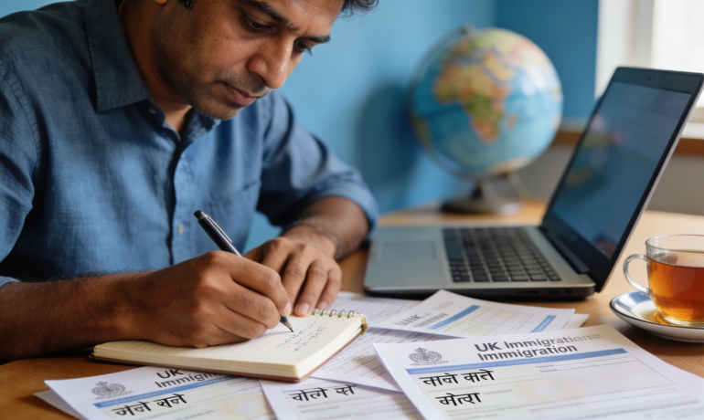 A person reviewing UK immigration documents with Hindi translations on a desk.