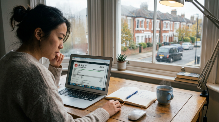A person reviewing a Cantonese bank statement with a laptop and a notepad in the UK.
