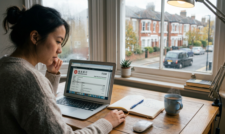 A person reviewing a Cantonese bank statement with a laptop and a notepad in the UK.