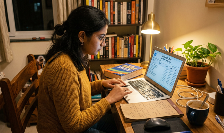 A person reviewing a Hindi bank statement with a laptop and translation tools in a cozy workspace.
