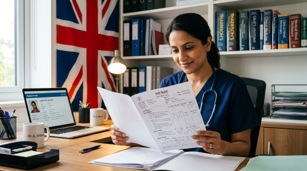 A person reviewing a Hindi medical report with a UK flag in the background.