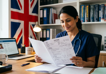 A person reviewing a Hindi medical report with a UK flag in the background.