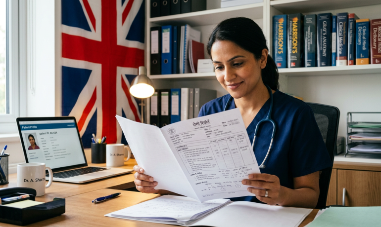 A person reviewing a Hindi medical report with a UK flag in the background.