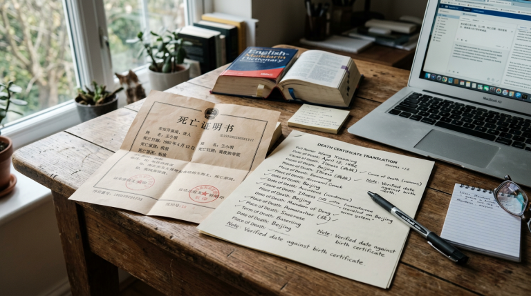 A person reviewing a Mandarin death certificate with translation notes on a desk.
