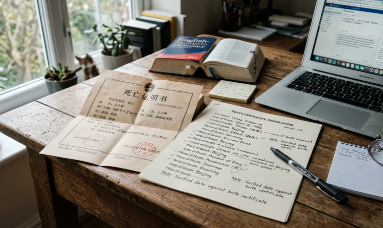 A person reviewing a Mandarin death certificate with translation notes on a desk.