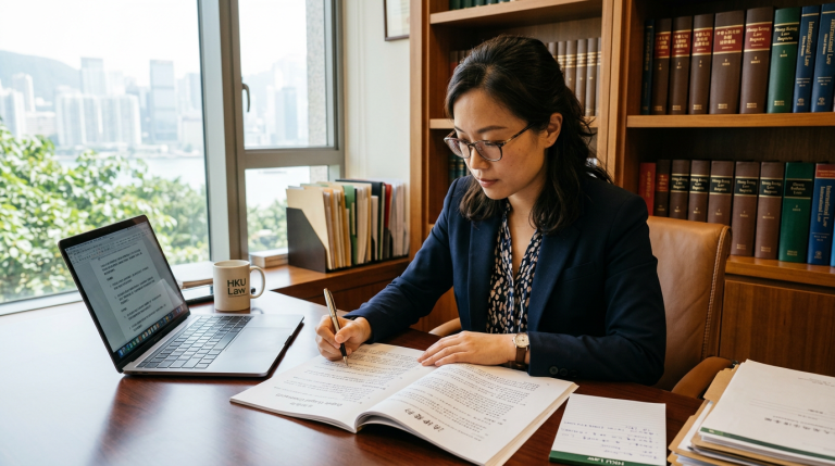 A person reviewing a legal contract document with Cantonese text on a desk in a professional office setting.