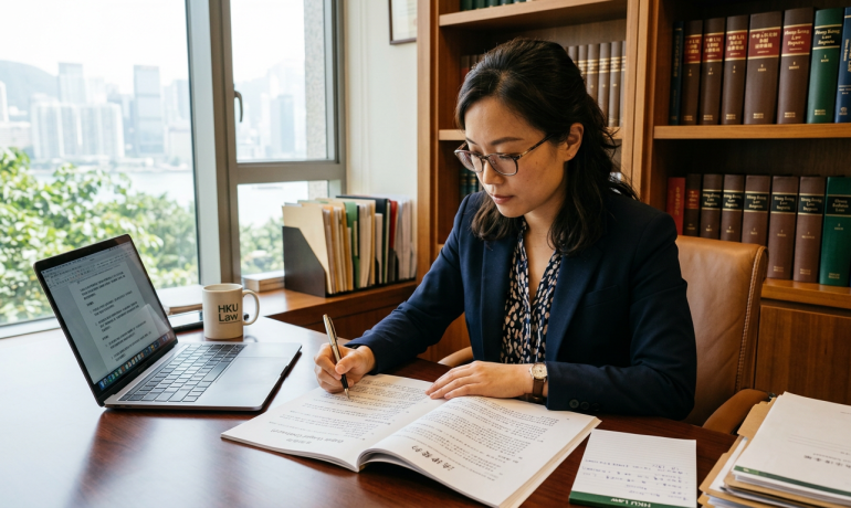 A person reviewing a legal contract document with Cantonese text on a desk in a professional office setting.