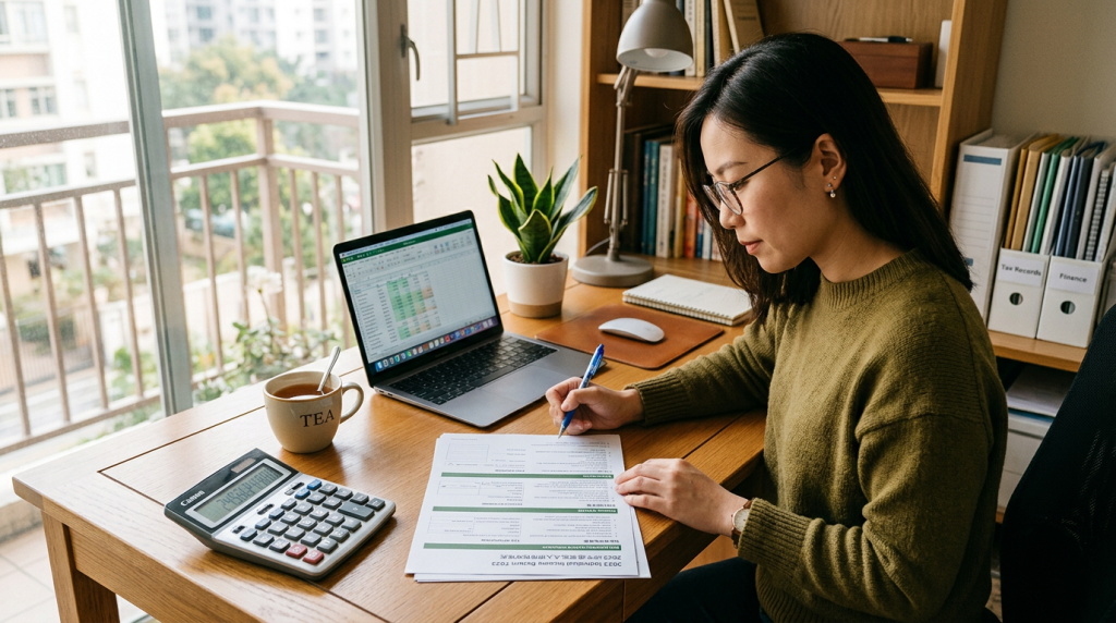 A person reviewing a tax return document with Cantonese translations and a calculator on a desk.