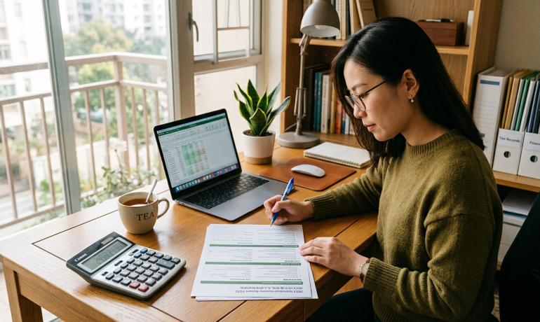 A person reviewing a tax return document with Cantonese translations and a calculator on a desk.
