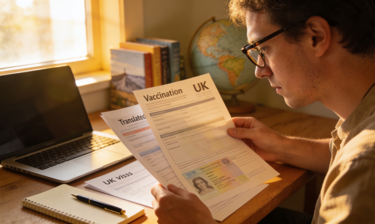 A person reviewing a translated vaccination record with UK visa application forms.