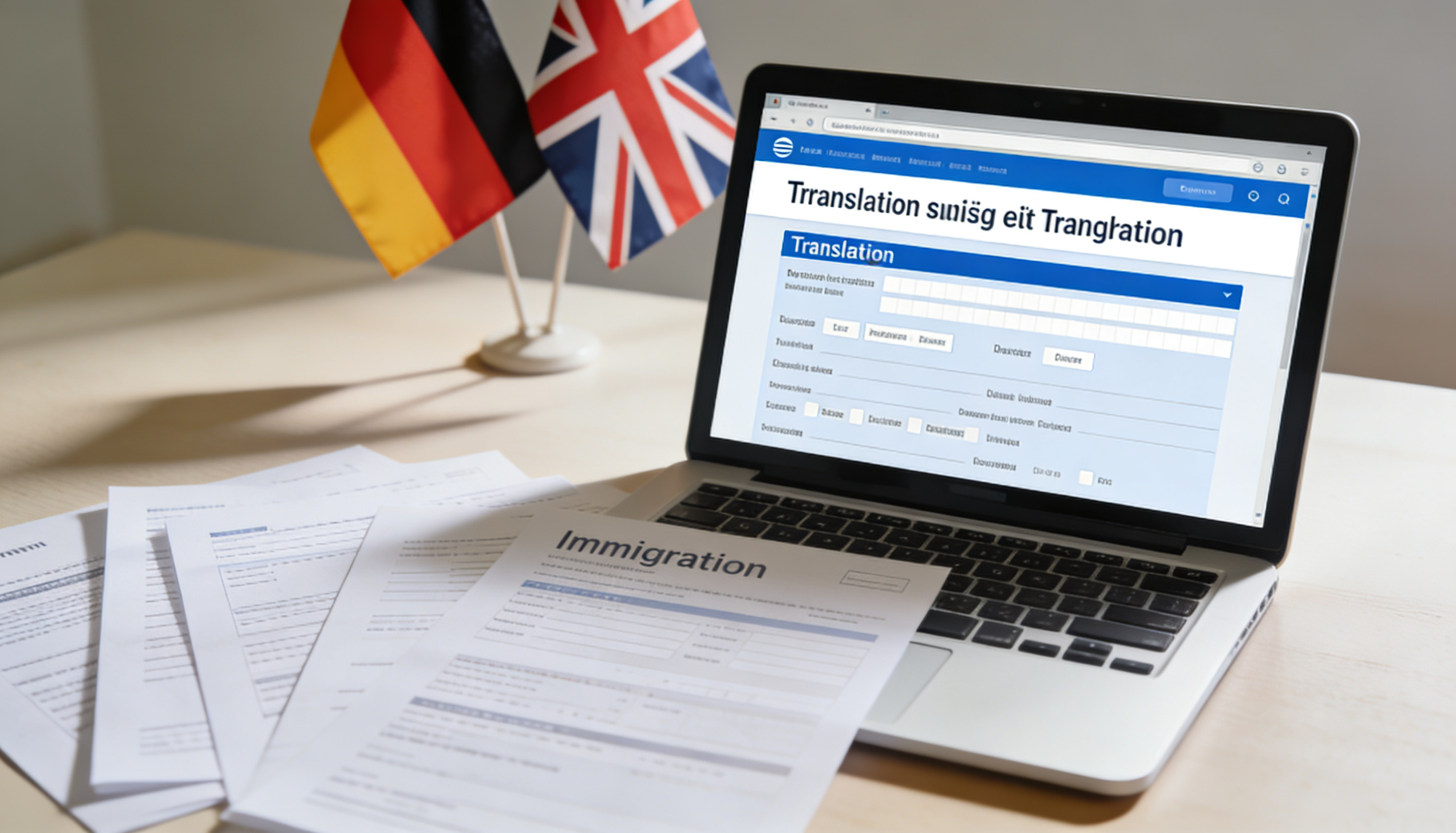 A person reviewing documents with a German flag and UK flag in the background.