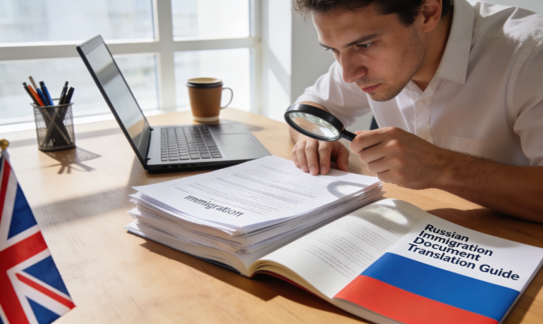A person reviewing documents with a UK flag and Russian language materials on a table.