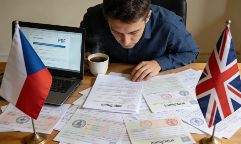 A person reviewing immigration documents with a Czech flag and UK flag in the background.