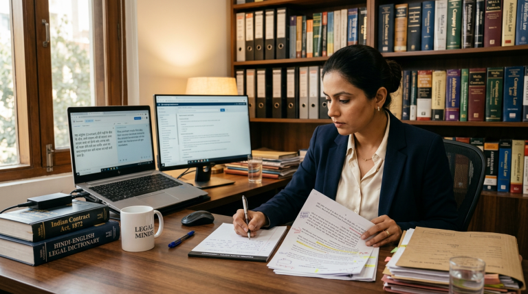 A person translating a legal contract from Hindi to English on a desk with legal books.
