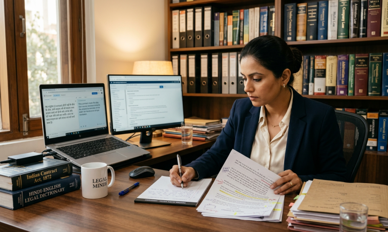 A person translating a legal contract from Hindi to English on a desk with legal books.