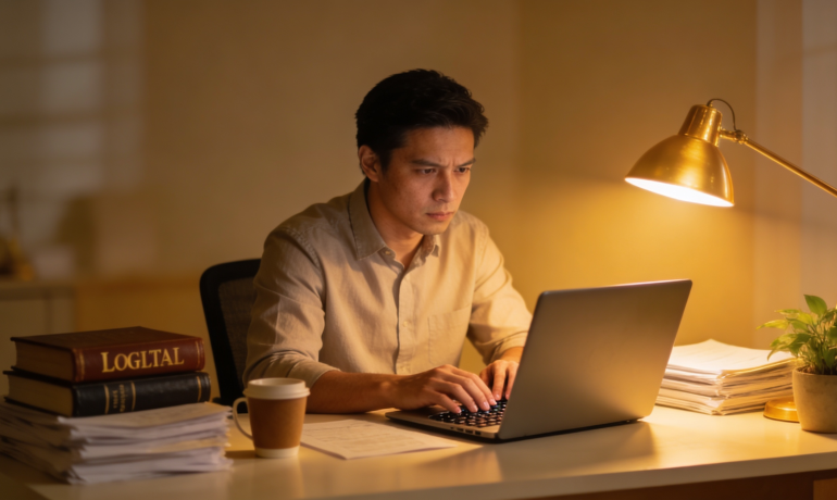 A person translating a patent document with a laptop, papers, and legal books on a desk.