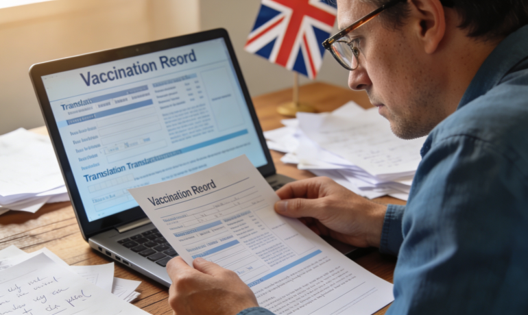 A person translating a vaccination record with a UK flag in the background.