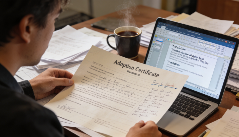A person translating an adoption certificate with a laptop and documents on a desk.