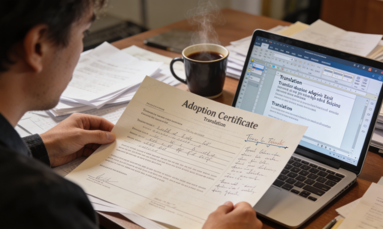 A person translating an adoption certificate with a laptop and documents on a desk.