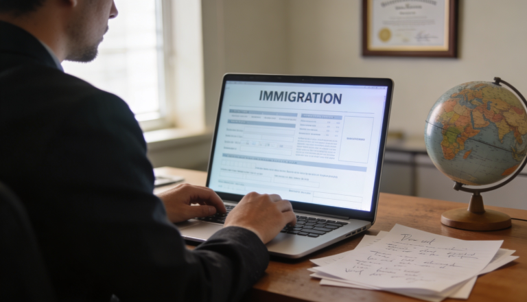 A person translating an immigration document with a laptop and notes in a cozy office setting.