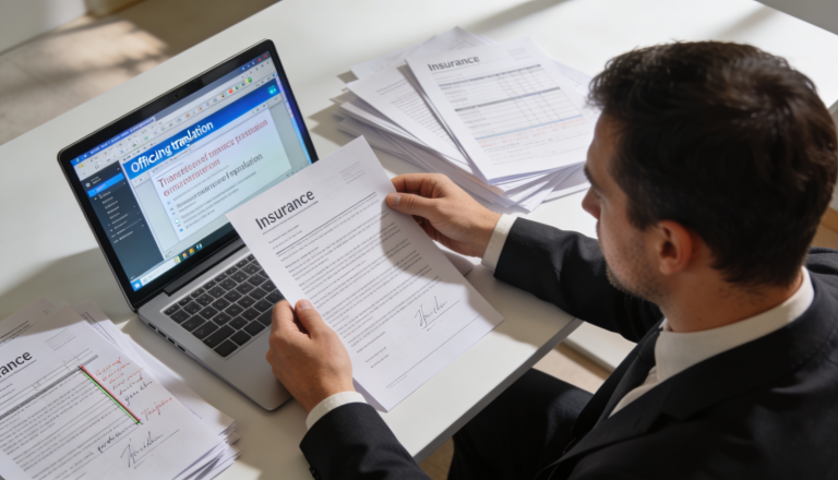 A person translating an insurance document with a laptop and paperwork on a desk.