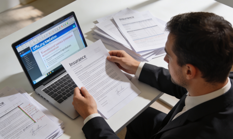 A person translating an insurance document with a laptop and paperwork on a desk.
