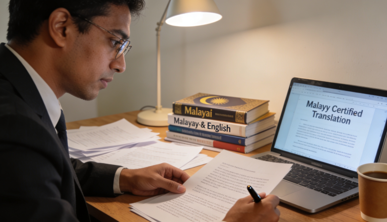 A person translating documents with a focus on Malay language certification in an office setting.