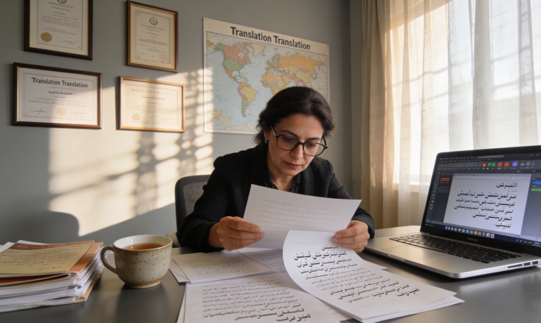 A professional translator reviewing Persian documents in an office setting.