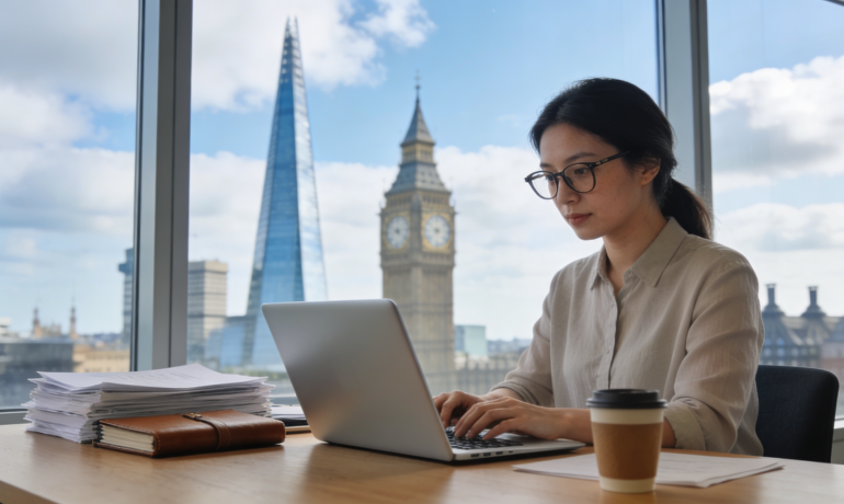 A professional translator working in an office with documents and a laptop in London.