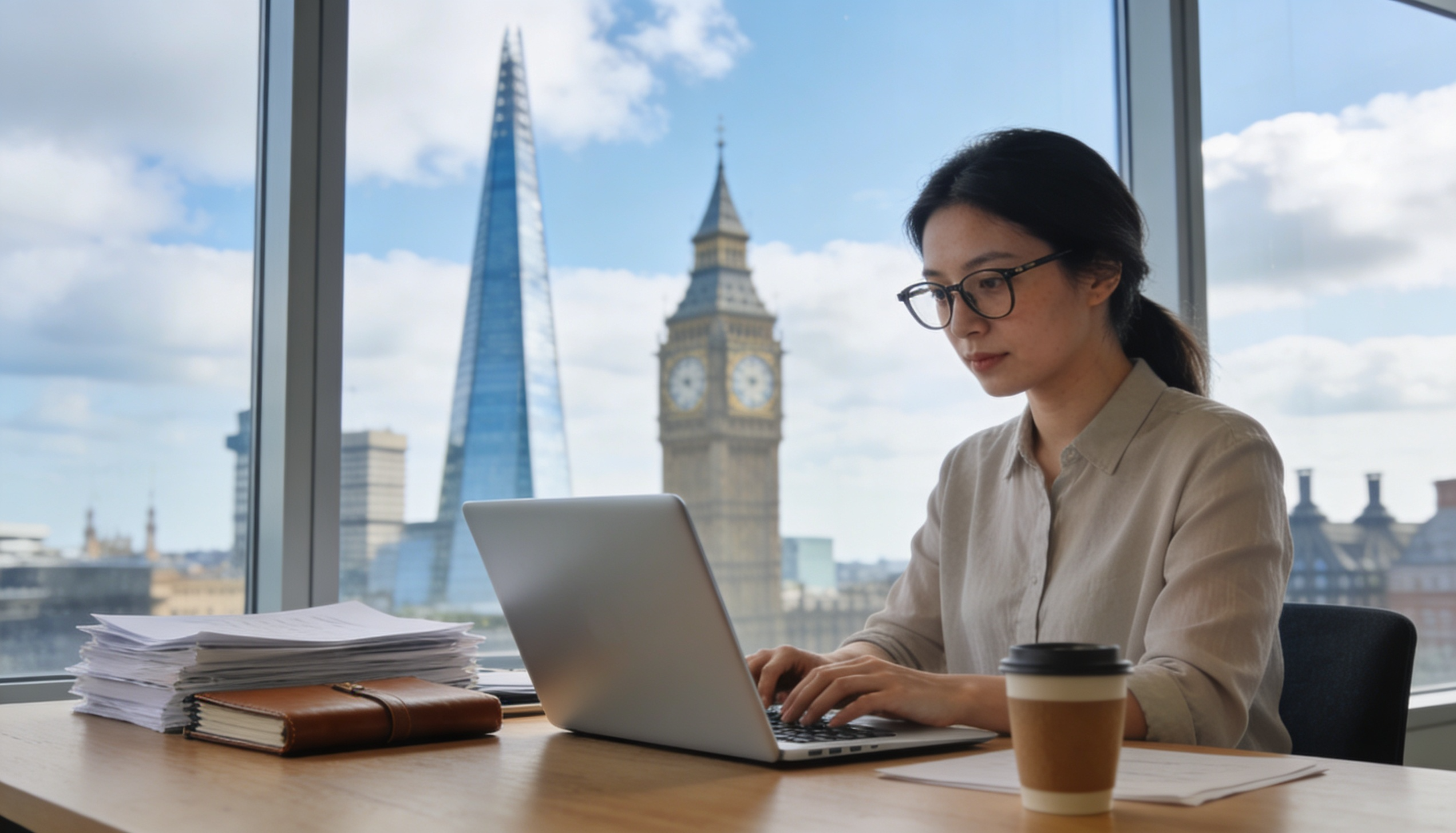 A professional translator working in an office with documents and a laptop in London.