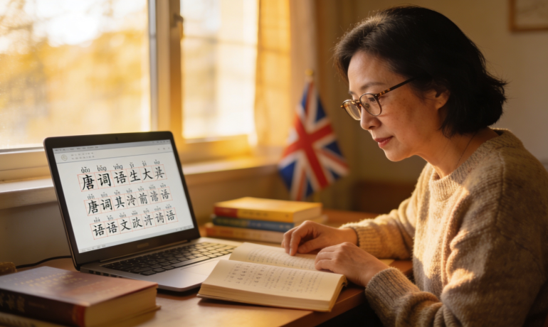 A professional translator working on Cantonese documents with a UK flag in the background.