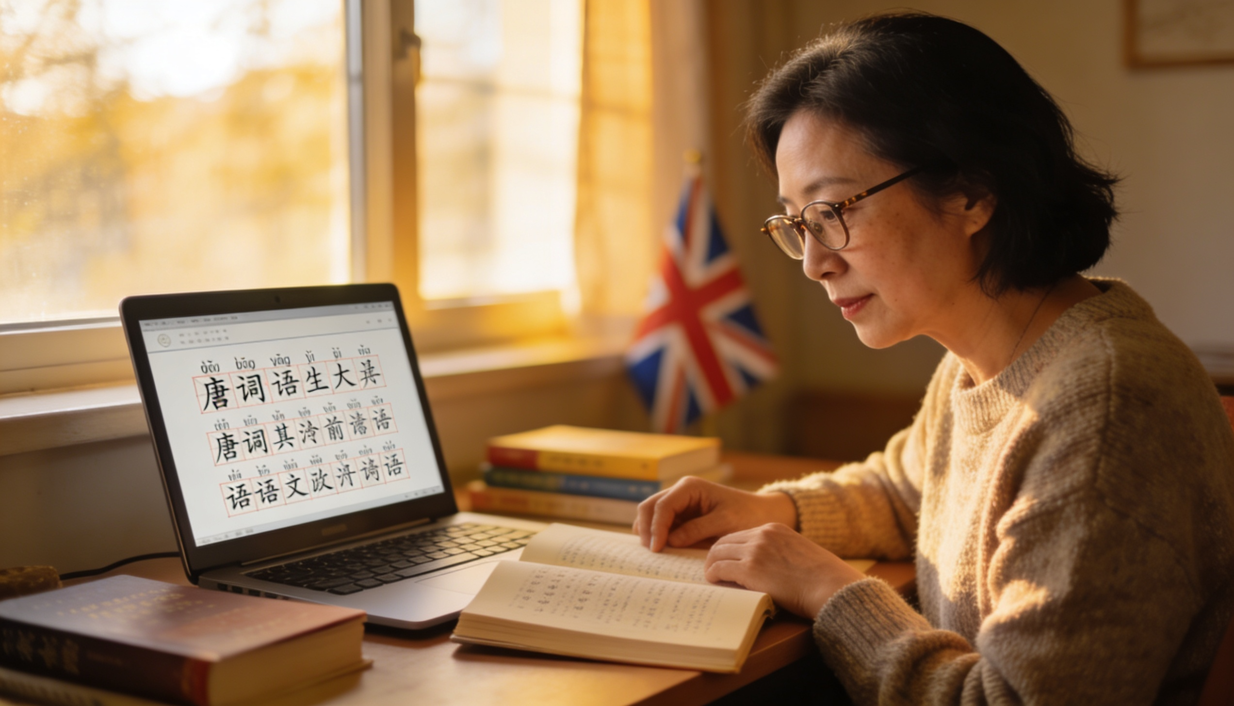 A professional translator working on Cantonese documents with a UK flag in the background.