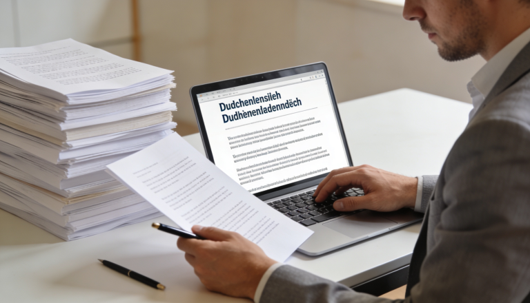 A professional translator working on Dutch documents with certification stamps on the desk.