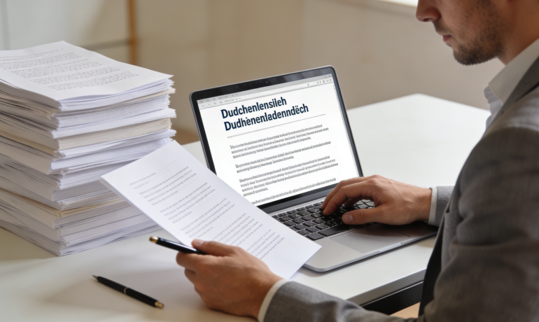 A professional translator working on Dutch documents with certification stamps on the desk.