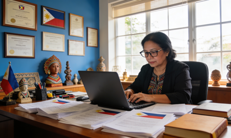 A professional translator working on Filipino documents in a UK office setting.