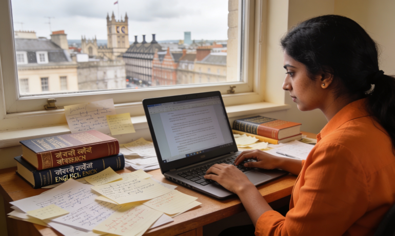 A professional translator working on Hindi documents in a UK office setting.