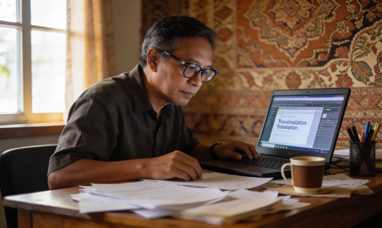 A professional translator working on Indonesian documents in an office setting.