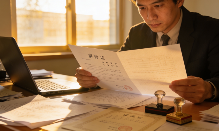 A professional translator working on Japanese documents at a desk with certification stamps.